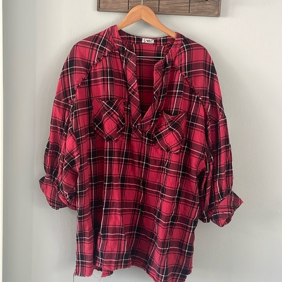 Free People intimately free flannel plaid oversized tunic/dress black and red XS - Picture 2 of 4
